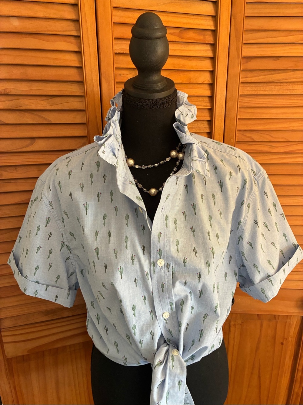 Banana Republic Light Blue Cactus Print Ruffle Tie-Front Blouse
